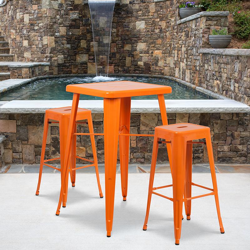 Flash Furniture 23.75'' Square Orange Metal Indoor-Outdoor Bar Table Set with 2 Square Seat Backless Stools - CH-31330B-2-30SQ-OR-GG