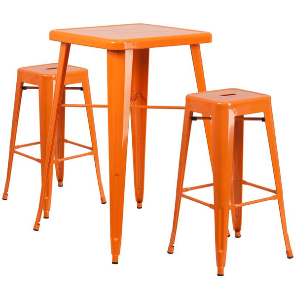 Flash Furniture 23.75'' Square Orange Metal Indoor-Outdoor Bar Table Set with 2 Square Seat Backless Stools - CH-31330B-2-30SQ-OR-GG