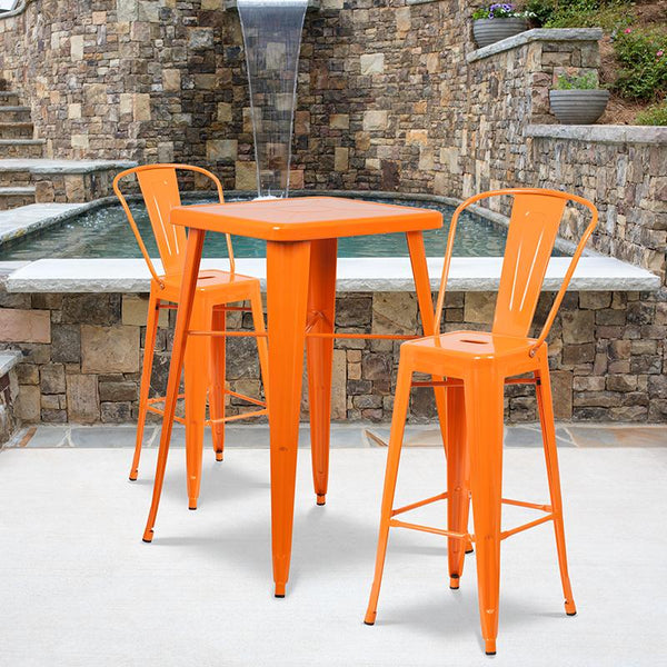 Flash Furniture 23.75'' Square Orange Metal Indoor-Outdoor Bar Table Set with 2 Stools with Backs - CH-31330B-2-30GB-OR-GG