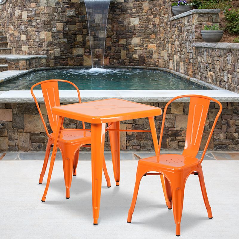 Flash Furniture 23.75'' Square Orange Metal Indoor-Outdoor Table Set with 2 Stack Chairs - CH-31330-2-30-OR-GG