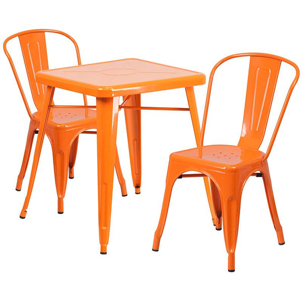 Flash Furniture 23.75'' Square Orange Metal Indoor-Outdoor Table Set with 2 Stack Chairs - CH-31330-2-30-OR-GG