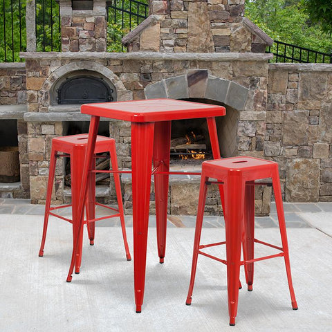 Flash Furniture 23.75'' Square Red Metal Indoor-Outdoor Bar Table Set with 2 Square Seat Backless Stools - CH-31330B-2-30SQ-RED-GG