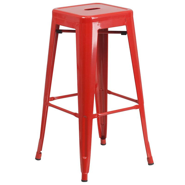 Flash Furniture 23.75'' Square Red Metal Indoor-Outdoor Bar Table Set with 2 Square Seat Backless Stools - CH-31330B-2-30SQ-RED-GG