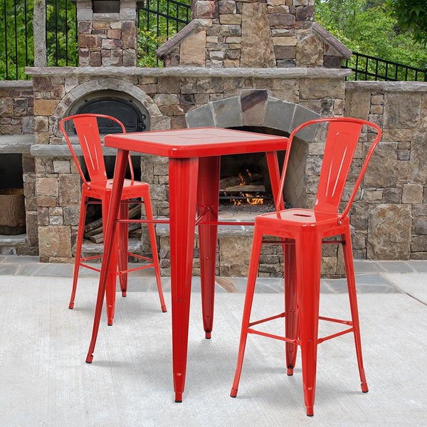 Flash Furniture 23.75'' Square Red Metal Indoor-Outdoor Bar Table Set with 2 Stools with Backs - CH-31330B-2-30GB-RED-GG