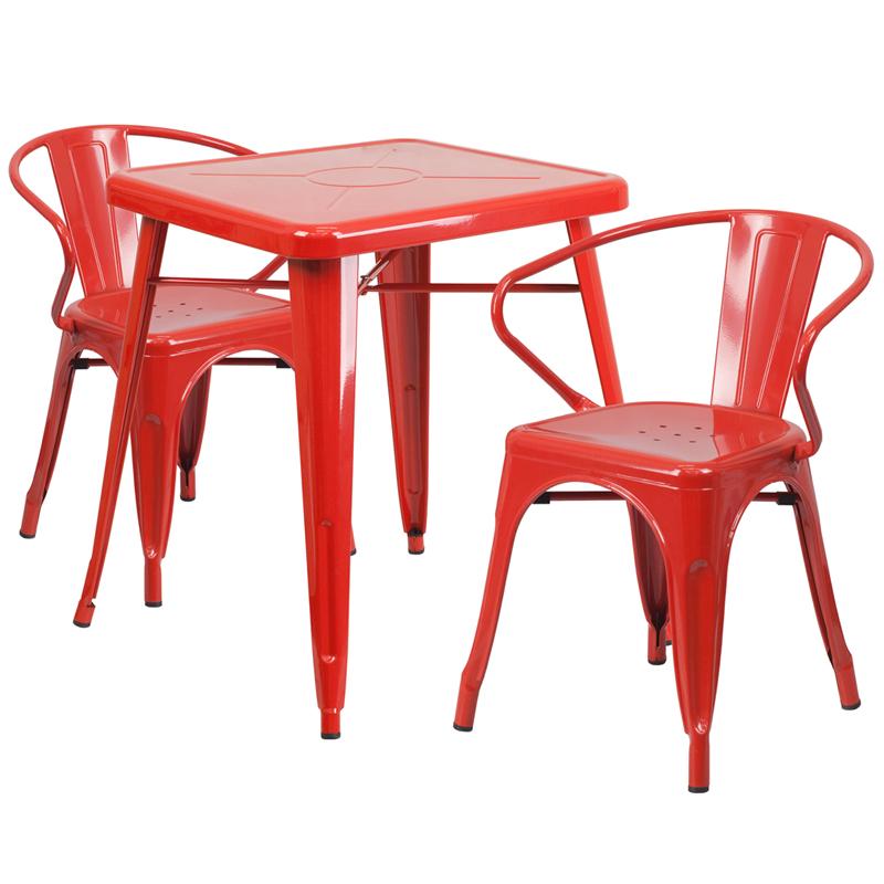 Flash Furniture 23.75'' Square Red Metal Indoor-Outdoor Table Set with 2 Arm Chairs - CH-31330-2-70-RED-GG