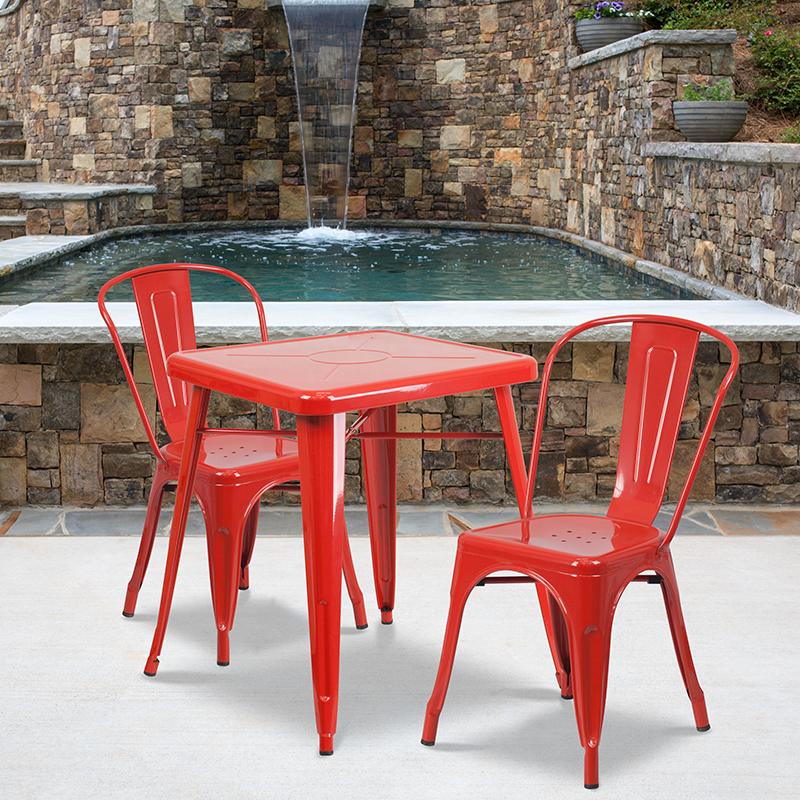 Flash Furniture 23.75'' Square Red Metal Indoor-Outdoor Table Set with 2 Stack Chairs - CH-31330-2-30-RED-GG