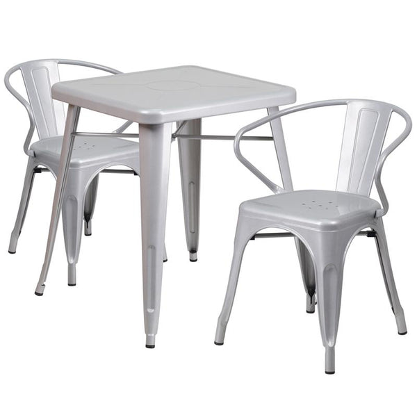 Flash Furniture 23.75'' Square Silver Metal Indoor-Outdoor Table Set with 2 Arm Chairs - CH-31330-2-70-SIL-GG