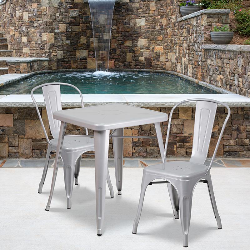 Flash Furniture 23.75'' Square Silver Metal Indoor-Outdoor Table Set with 2 Stack Chairs - CH-31330-2-30-SIL-GG