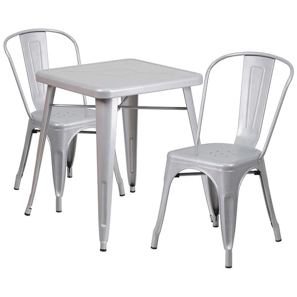 Flash Furniture 23.75'' Square Silver Metal Indoor-Outdoor Table Set with 2 Stack Chairs - CH-31330-2-30-SIL-GG