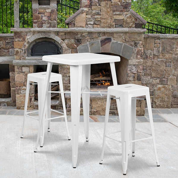 Flash Furniture 23.75'' Square White Metal Indoor-Outdoor Bar Table Set with 2 Square Seat Backless Stools - CH-31330B-2-30SQ-WH-GG