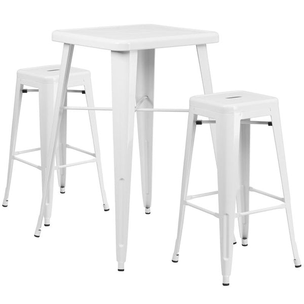 Flash Furniture 23.75'' Square White Metal Indoor-Outdoor Bar Table Set with 2 Square Seat Backless Stools - CH-31330B-2-30SQ-WH-GG