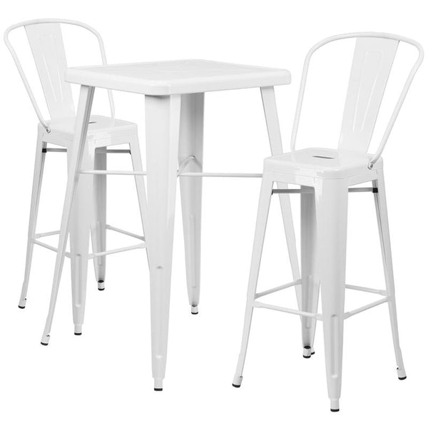 Flash Furniture 23.75'' Square White Metal Indoor-Outdoor Bar Table Set with 2 Stools with Backs - CH-31330B-2-30GB-WH-GG