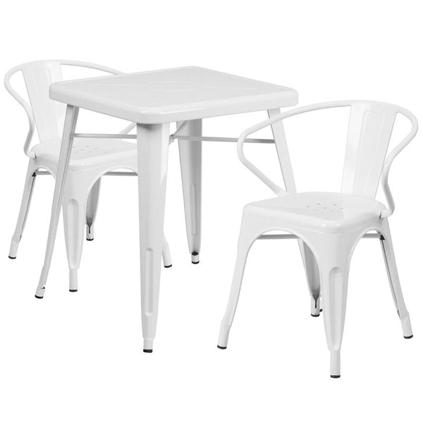 Flash Furniture 23.75'' Square White Metal Indoor-Outdoor Table Set with 2 Arm Chairs - CH-31330-2-70-WH-GG