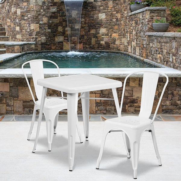 Flash Furniture 23.75'' Square White Metal Indoor-Outdoor Table Set with 2 Stack Chairs - CH-31330-2-30-WH-GG