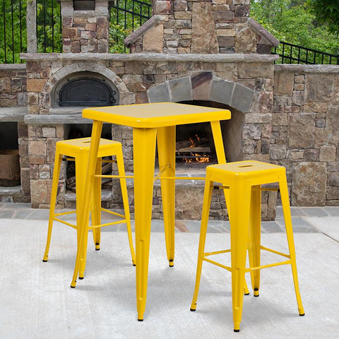 Flash Furniture 23.75'' Square Yellow Metal Indoor-Outdoor Bar Table Set with 2 Square Seat Backless Stools - CH-31330B-2-30SQ-YL-GG