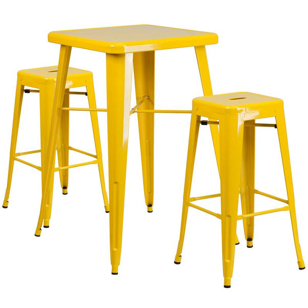 Flash Furniture 23.75'' Square Yellow Metal Indoor-Outdoor Bar Table Set with 2 Square Seat Backless Stools - CH-31330B-2-30SQ-YL-GG