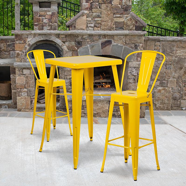 Flash Furniture 23.75'' Square Yellow Metal Indoor-Outdoor Bar Table Set with 2 Stools with Backs - CH-31330B-2-30GB-YL-GG