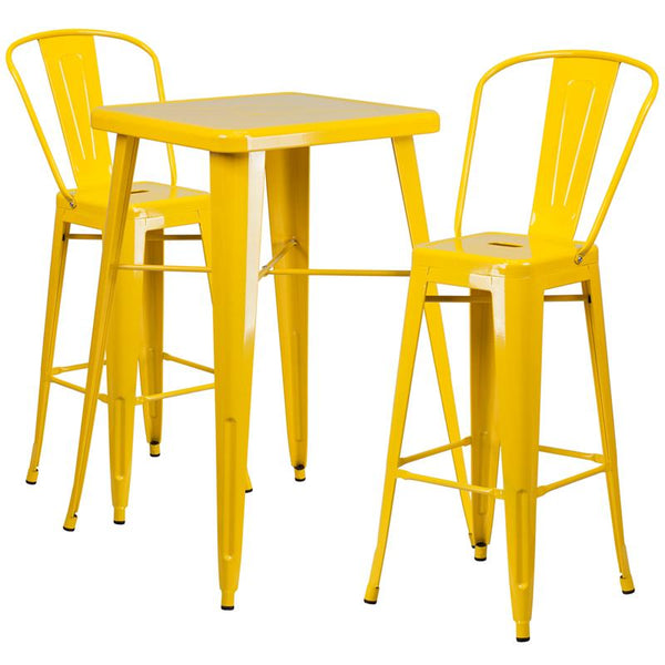 Flash Furniture 23.75'' Square Yellow Metal Indoor-Outdoor Bar Table Set with 2 Stools with Backs - CH-31330B-2-30GB-YL-GG