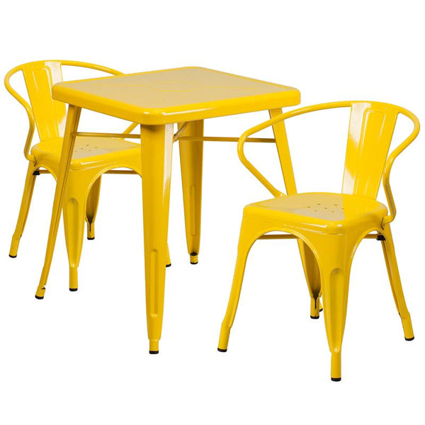 Flash Furniture 23.75'' Square Yellow Metal Indoor-Outdoor Table Set with 2 Arm Chairs - CH-31330-2-70-YL-GG