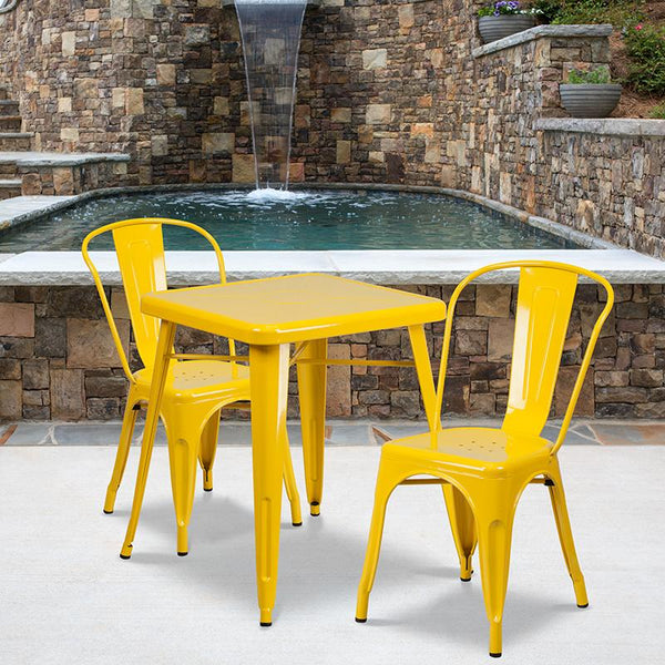 Flash Furniture 23.75'' Square Yellow Metal Indoor-Outdoor Table Set with 2 Stack Chairs - CH-31330-2-30-YL-GG