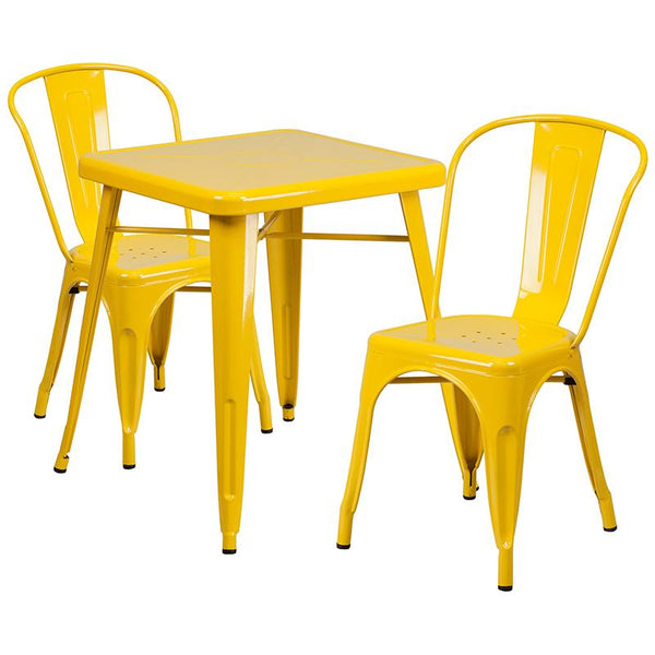 Flash Furniture 23.75'' Square Yellow Metal Indoor-Outdoor Table Set with 2 Stack Chairs - CH-31330-2-30-YL-GG