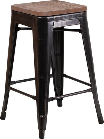 Flash Furniture 24" High Backless Black-Antique Gold Metal Counter Height Stool with Square Wood Seat - CH-31320-24-BQ-WD-GG