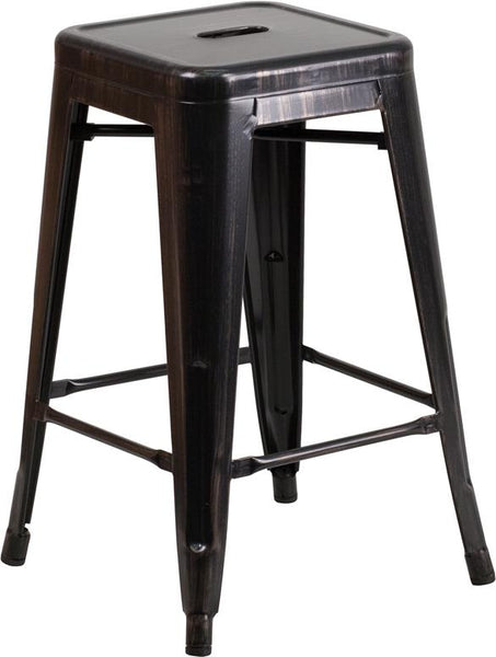 Flash Furniture 24'' High Backless Black-Antique Gold Metal Indoor-Outdoor Counter Height Stool with Square Seat - CH-31320-24-BQ-GG