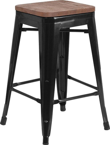 Flash Furniture 24" High Backless Black Metal Counter Height Stool with Square Wood Seat - CH-31320-24-BK-WD-GG