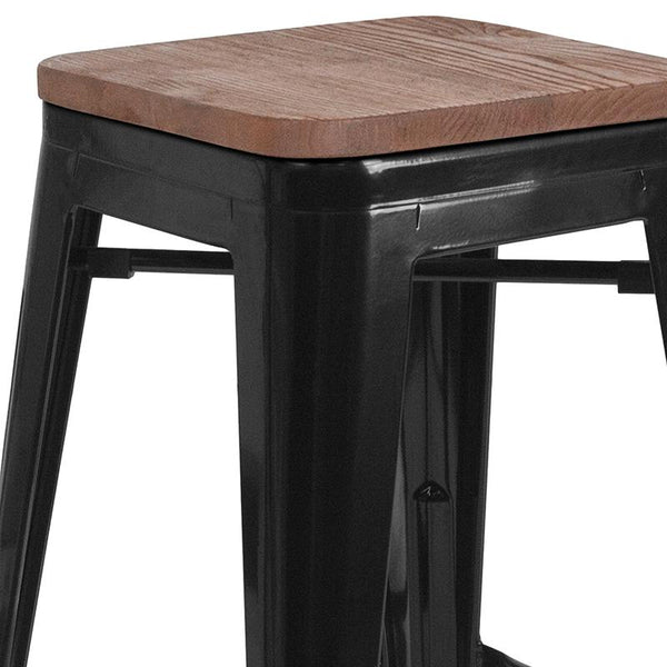 Flash Furniture 24" High Backless Black Metal Counter Height Stool with Square Wood Seat - CH-31320-24-BK-WD-GG