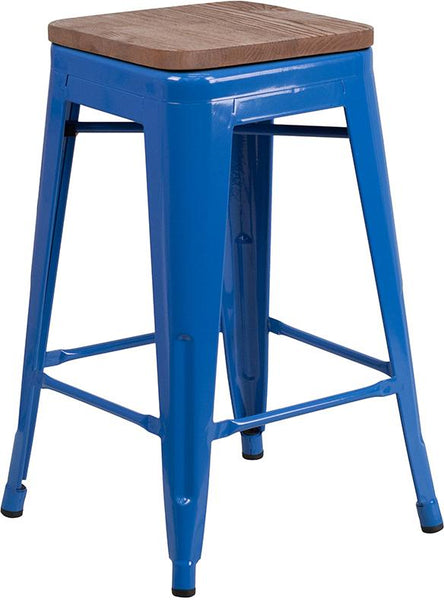 Flash Furniture 24" High Backless Blue Metal Counter Height Stool with Square Wood Seat - CH-31320-24-BL-WD-GG
