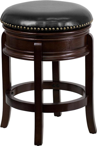 Flash Furniture 24'' High Backless Cappuccino Wood Counter Height Stool with Carved Apron and Black Leather Swivel Seat - TA-68824-CA-CTR-GG