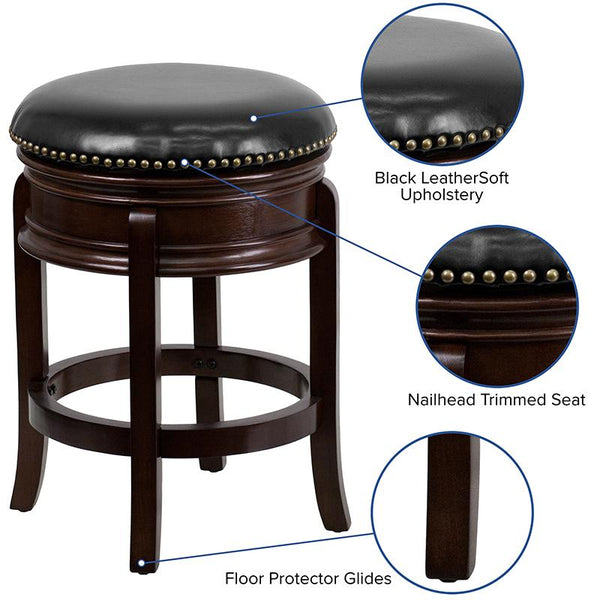 Flash Furniture 24'' High Backless Cappuccino Wood Counter Height Stool with Carved Apron and Black Leather Swivel Seat - TA-68824-CA-CTR-GG