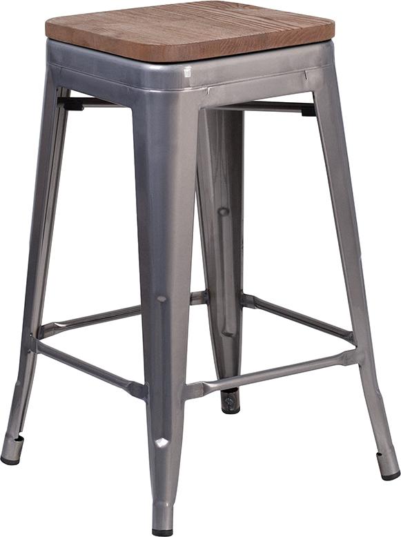 Flash Furniture 24" High Backless Clear Coated Metal Counter Height Stool with Square Wood Seat - XU-DG-TP0004-24-WD-GG