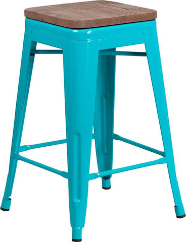 Flash Furniture 24" High Backless Crystal Teal-Blue Counter Height Stool with Square Wood Seat - ET-BT3503-24-CB-WD-GG