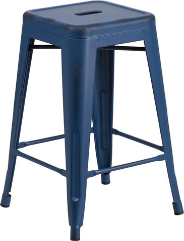 Flash Furniture 24'' High Backless Distressed Antique Blue Metal Indoor-Outdoor Counter Height Stool - ET-BT3503-24-AB-GG