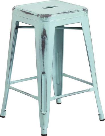 Flash Furniture 24'' High Backless Distressed Green-Blue Metal Indoor-Outdoor Counter Height Stool - ET-BT3503-24-DB-GG