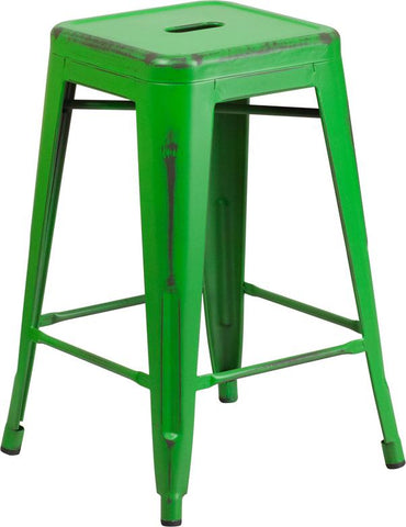 Flash Furniture 24'' High Backless Distressed Green Metal Indoor-Outdoor Counter Height Stool - ET-BT3503-24-GN-GG