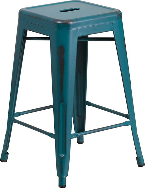 Flash Furniture 24'' High Backless Distressed Kelly Blue-Teal Metal Indoor-Outdoor Counter Height Stool - ET-BT3503-24-KB-GG