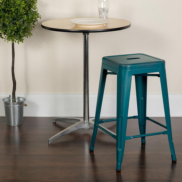 Flash Furniture 24'' High Backless Distressed Kelly Blue-Teal Metal Indoor-Outdoor Counter Height Stool - ET-BT3503-24-KB-GG