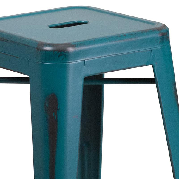 Flash Furniture 24'' High Backless Distressed Kelly Blue-Teal Metal Indoor-Outdoor Counter Height Stool - ET-BT3503-24-KB-GG