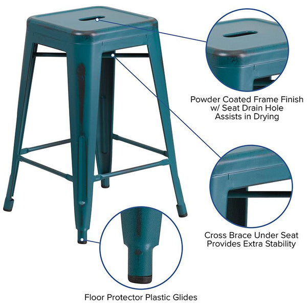 Flash Furniture 24'' High Backless Distressed Kelly Blue-Teal Metal Indoor-Outdoor Counter Height Stool - ET-BT3503-24-KB-GG