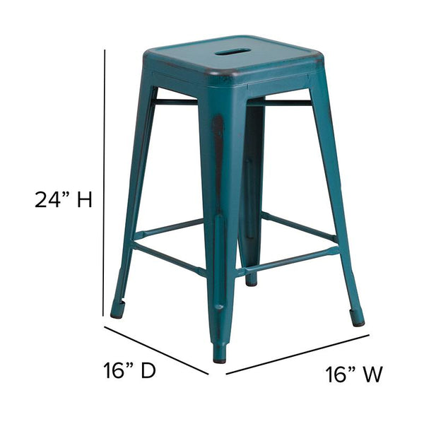 Flash Furniture 24'' High Backless Distressed Kelly Blue-Teal Metal Indoor-Outdoor Counter Height Stool - ET-BT3503-24-KB-GG