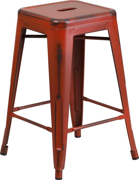 Flash Furniture 24'' High Backless Distressed Kelly Red Metal Indoor-Outdoor Counter Height Stool - ET-BT3503-24-RD-GG