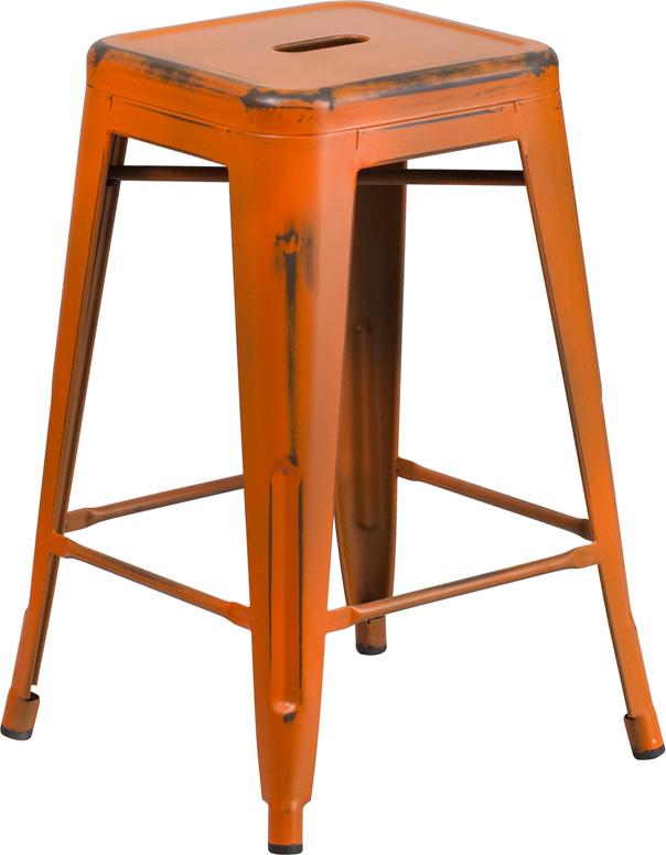 Flash Furniture 24'' High Backless Distressed Orange Metal Indoor-Outdoor Counter Height Stool - ET-BT3503-24-OR-GG