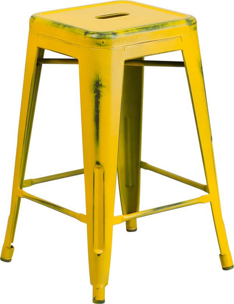 Flash Furniture 24'' High Backless Distressed Yellow Metal Indoor-Outdoor Counter Height Stool - ET-BT3503-24-YL-GG