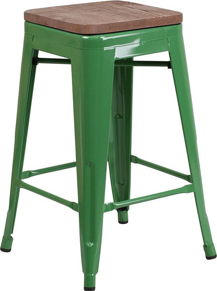 Flash Furniture 24" High Backless Green Metal Counter Height Stool with Square Wood Seat - CH-31320-24-GN-WD-GG