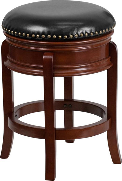 Flash Furniture 24'' High Backless Light Cherry Wood Counter Height Stool Carved Apron and Black Leather Swivel Seat - TA-68824-LC-CTR-GG