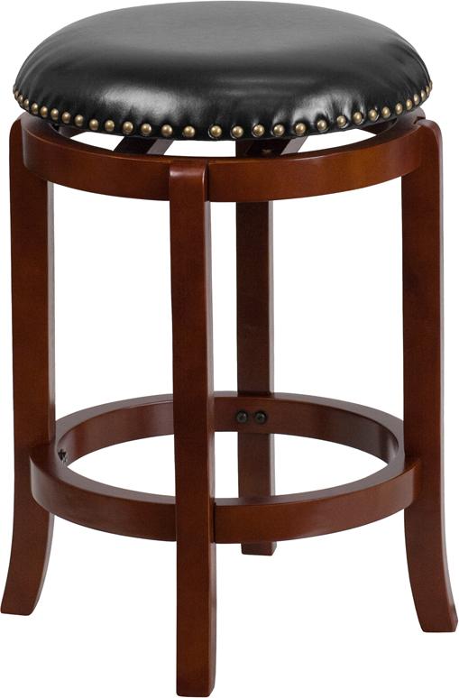 Flash Furniture 24'' High Backless Light Cherry Wood Counter Height Stool with Black Leather Swivel Seat - TA-68924-LC-CTR-GG