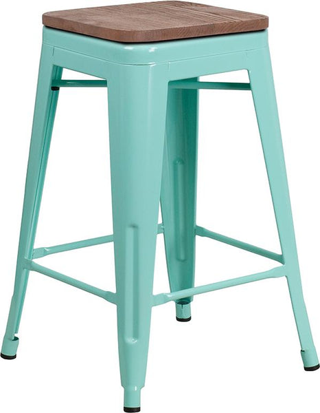 Flash Furniture 24" High Backless Mint Green Counter Height Stool with Square Wood Seat - ET-BT3503-24-MINT-WD-GG