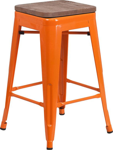 Flash Furniture 24" High Backless Orange Metal Counter Height Stool with Square Wood Seat - CH-31320-24-OR-WD-GG